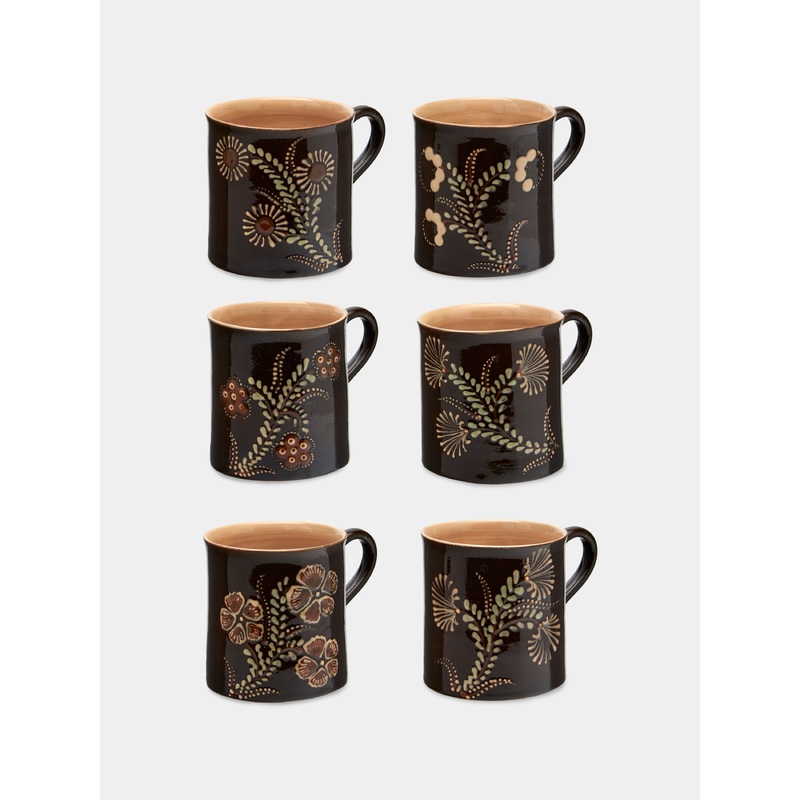 Flowers Hand-Painted Ceramic Mugs (Set of 6)