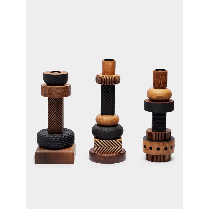 Hand-Engraved Wood Candlesticks (Set of 3)