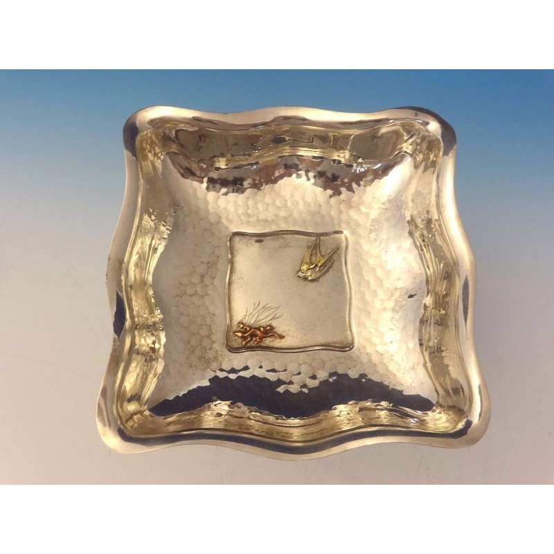 Mixed Metals by Whiting Sterling Bowl Square Applied Bird & Lizard (#0052)