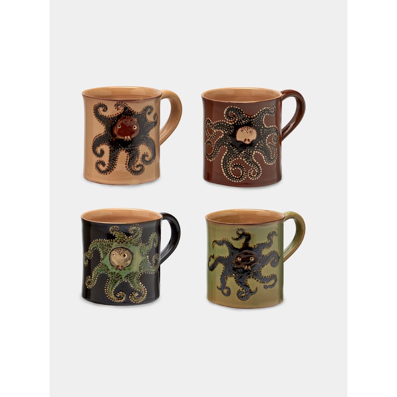 Octopus Hand-Painted Ceramic Mugs (Set of 4)