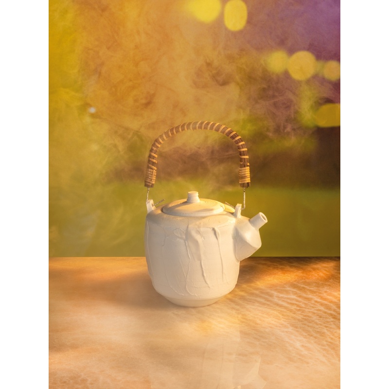 Wood-Fired Porcelain Teapot with Wicker Handle