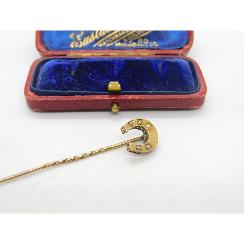 15ct Yellow Gold & Seed Pearl Set Horseshoe Good Luck Stick Pin c1890 Victorian