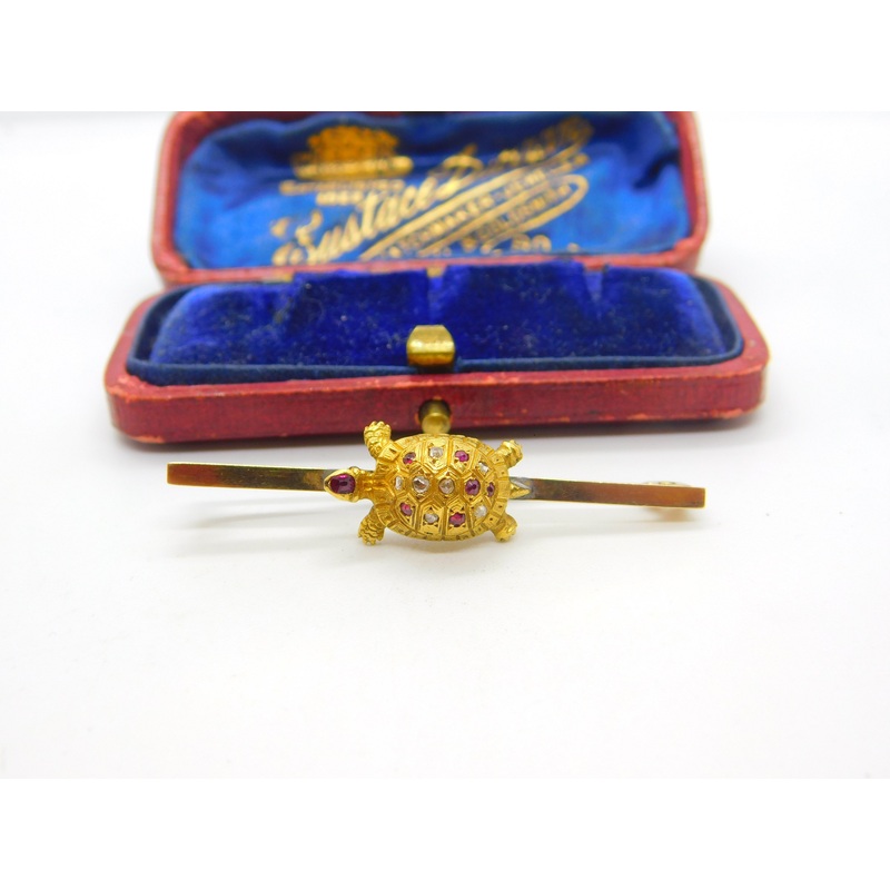 18ct Yellow Gold, Pave Set Ruby & Diamond Turtle Sweetheart Brooch c1920