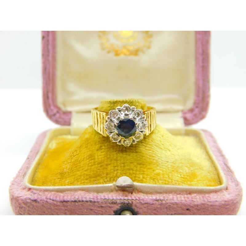 18ct Yellow Gold, Sapphire & 0.4ct Diamond Floral Cluster Ring Vintage 1995 London