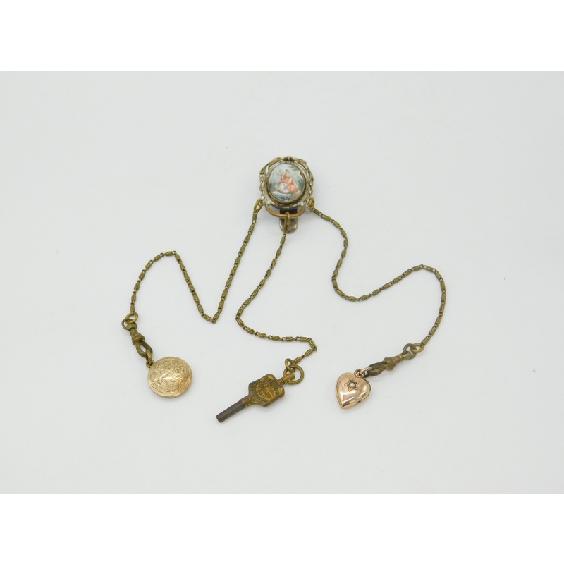 19th Century French Gilt Metal & Porcelain Chatelaine with Key, Charm & Locket