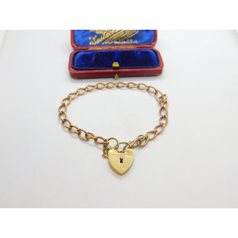 9ct Rose Gold Curb Link Charm Bracelet Heart Lock Clasp 1961 London Vintage