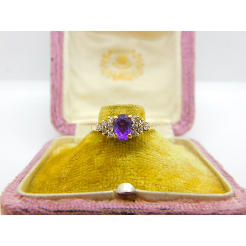 9ct Yellow Gold, Amethyst & Diamond Paste Band Ring Vintage 1988 London