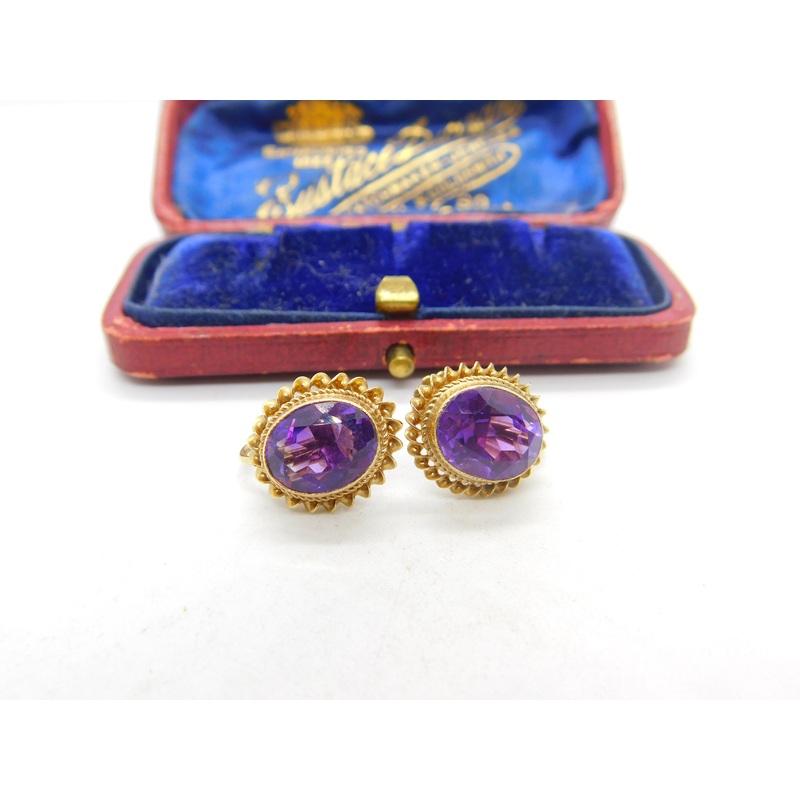 9ct Yellow Gold & Amethyst Set Screw-Back Earrings Antique c1930 Art Deco