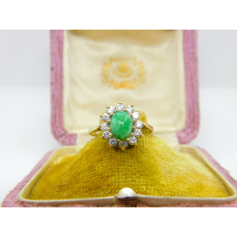 9ct Yellow Gold, Cabochon Greenstone & Diamond Paste Cluster Ring Vintage c1980