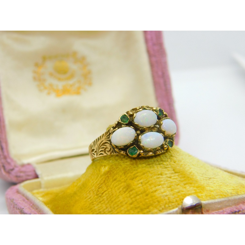 9ct Yellow Gold, Cabochon Opal & Emerald Statement Ring 1993 Birmingham