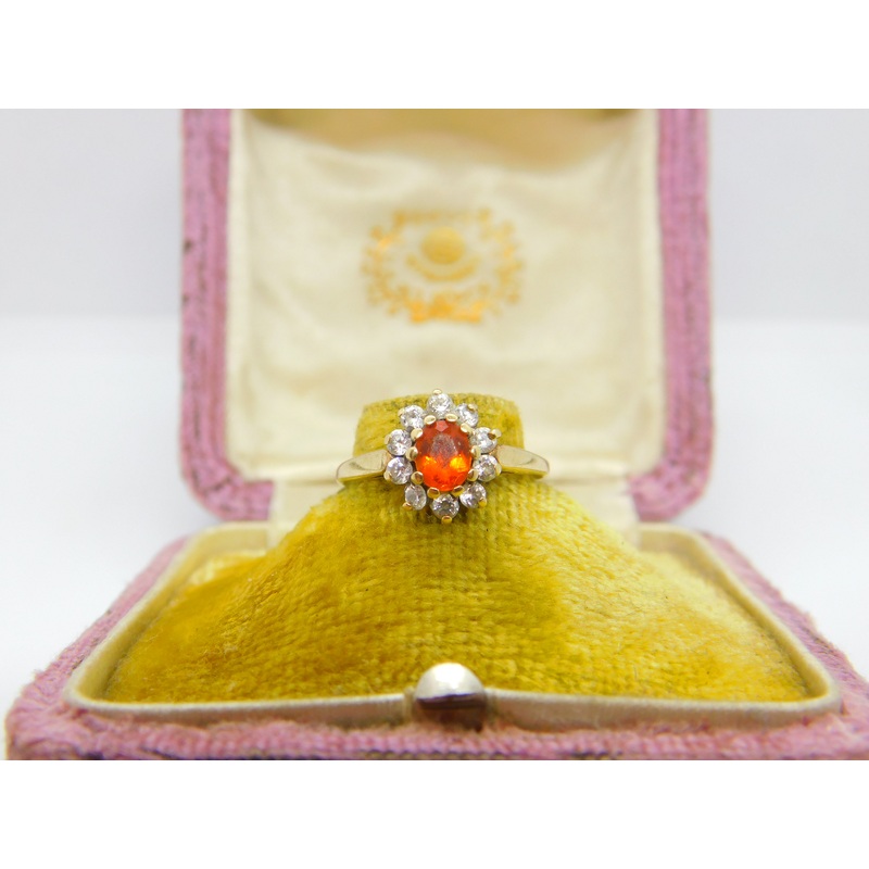 9ct Yellow Gold, Citrine & Diamond Paste Floral Cluster Ring 1987 Birmingham