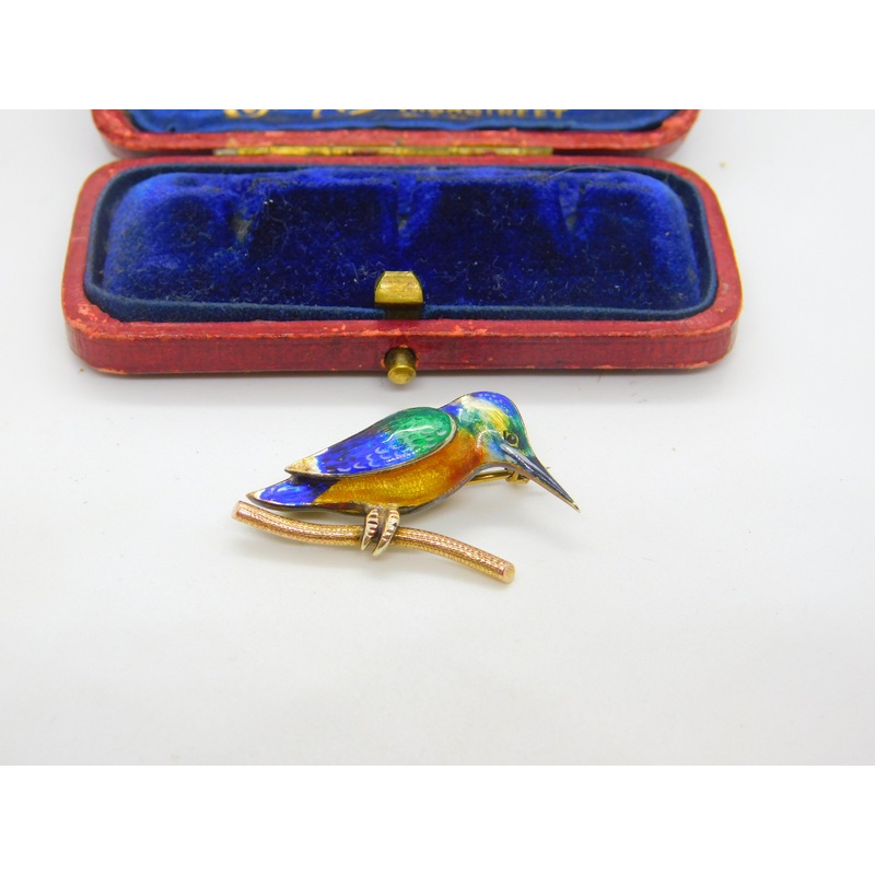 9ct Yellow Gold & Colourful Enamel Kingfisher Brooch 1993 Birmingham Vintage
