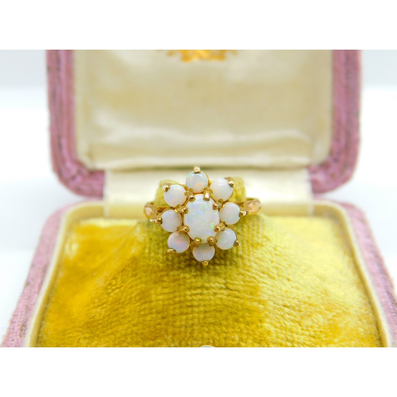 9ct Yellow Gold & Fire Opal Floral Cluster Ring 1973 London Vintage