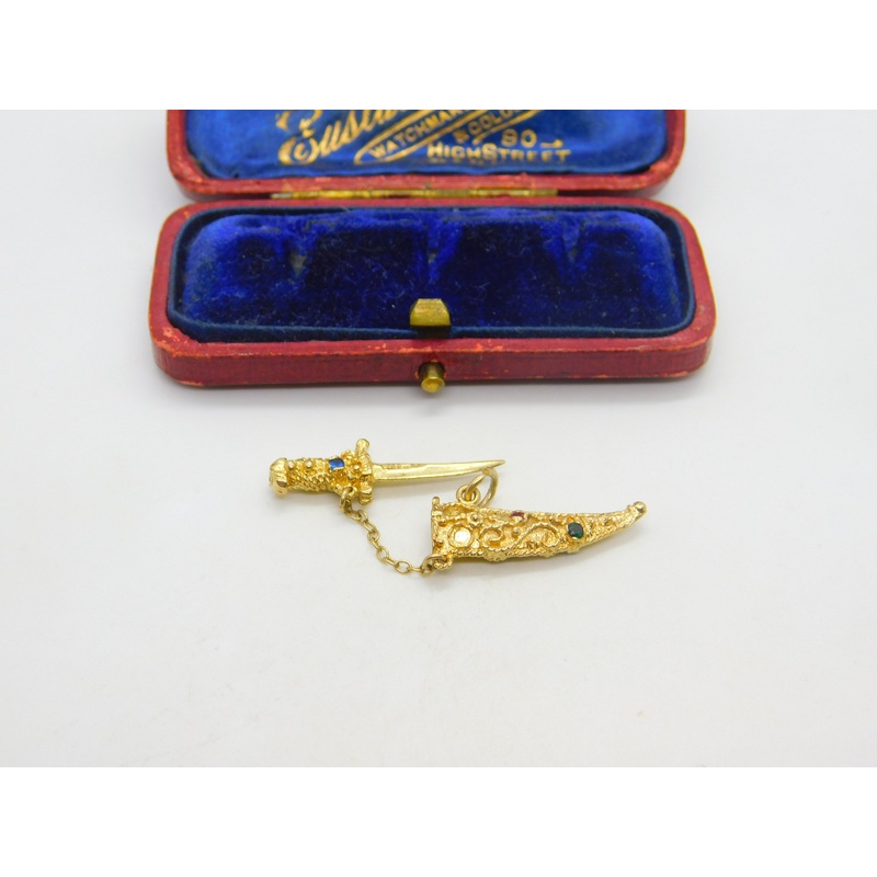 9ct Yellow Gold Jewelled Sword in the Scabbard Charm or Pendant 1968 London