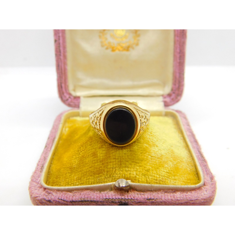 9ct Yellow Gold Onyx Set Signet Ring 1980 London Vintage Size X UK