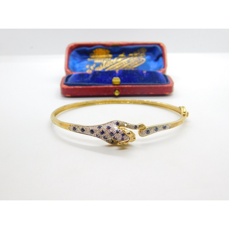 9ct Yellow Gold, Pave Set Sapphire & Diamond Leaping Panther Bangle Bracelet