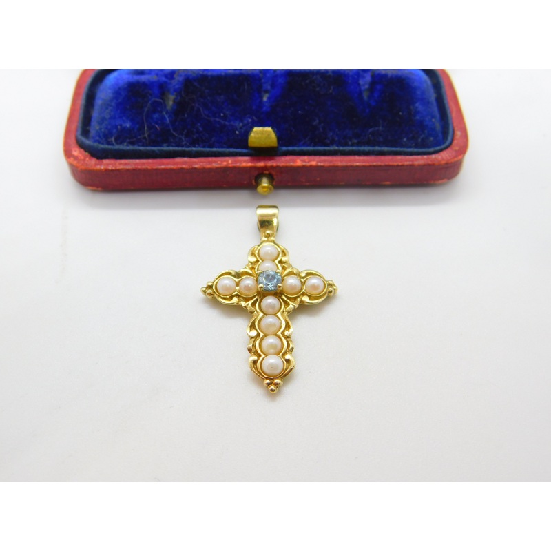 9ct Yellow Gold, Pearl & Topaz Set Cross Pendant Vintage c1970 London