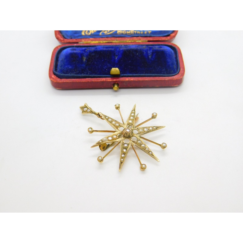 9ct Yellow Gold & Seed Pearl Set Starburst Pendant Antique 1915 Birmingham Deco