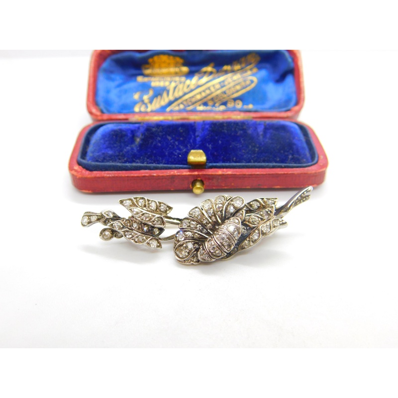 Art Nouveau 14ct Yellow Gold & Pave Set 1.1ct Diamond Floral Brooch c1880 Antique