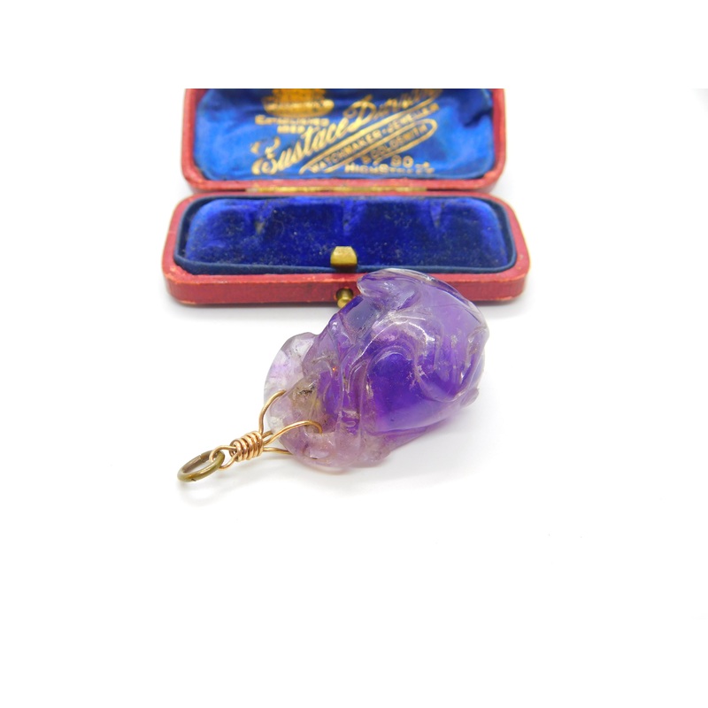 Chinese 9ct Gold & Carved Amethyst Beetle Insect Large Drop Pendant Antique