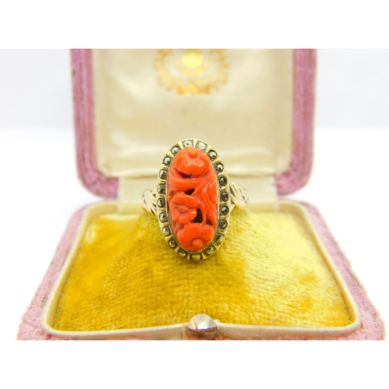Chinese 9ct Gold, Carved Red Coral & Pyrite Set Floral Ring Antique c1920 Deco