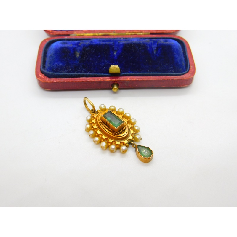 Early Victorian 18ct Gold, Pearl & Columbian Emerald Drop Pendant c1840 Antique