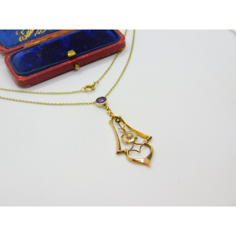 Edwardian 9ct Gold, Amethyst & Pearl Lavalier Drop Necklace on 15ct Gold Chain c1910 Antique