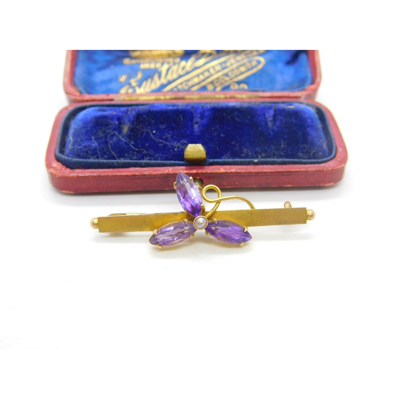 Edwardian 9ct Gold, Amethyst & Pearl Set Shamrock Brooch Antique c1910