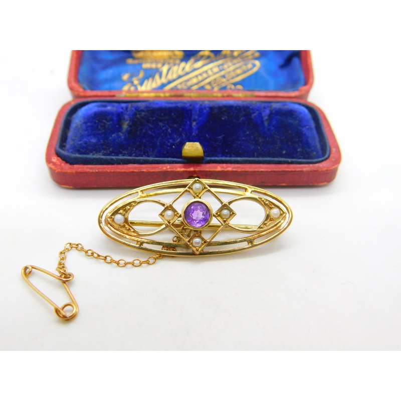 Edwardian 9ct Gold, Seed Pearl & Amethyst Sweetheart Brooch Antique c1910