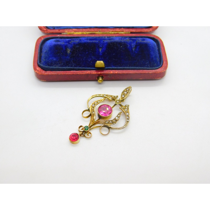 Edwardian 9ct Gold, Seed Pearl & Pink-Green Paste Lavalier Drop Pendant Antique