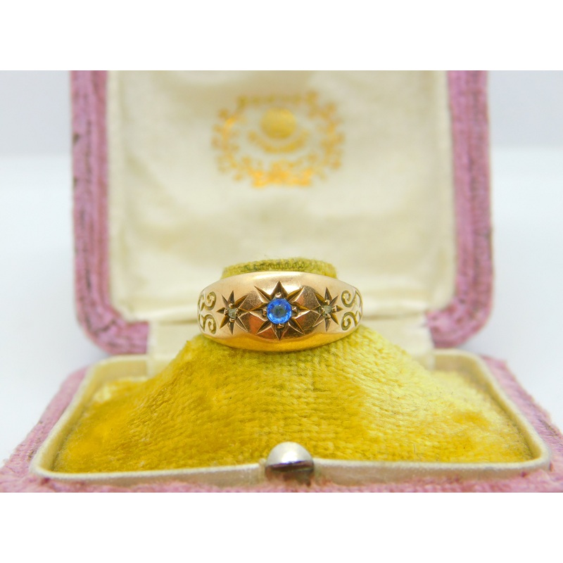Edwardian 9ct Yellow Gold, Sapphire & Diamond Boat Ring 1910 Birmingham Antique