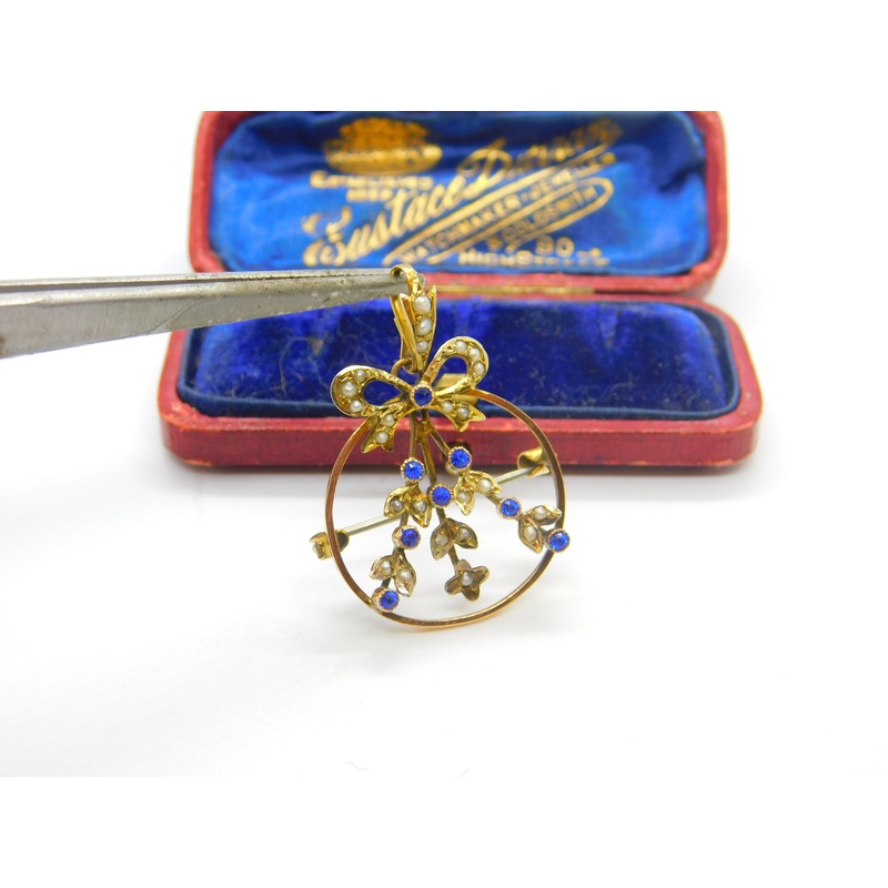 Edwardian 9ct Yellow Gold, Seed Pearl & Sapphire Paste Floral Ribbon Pendant