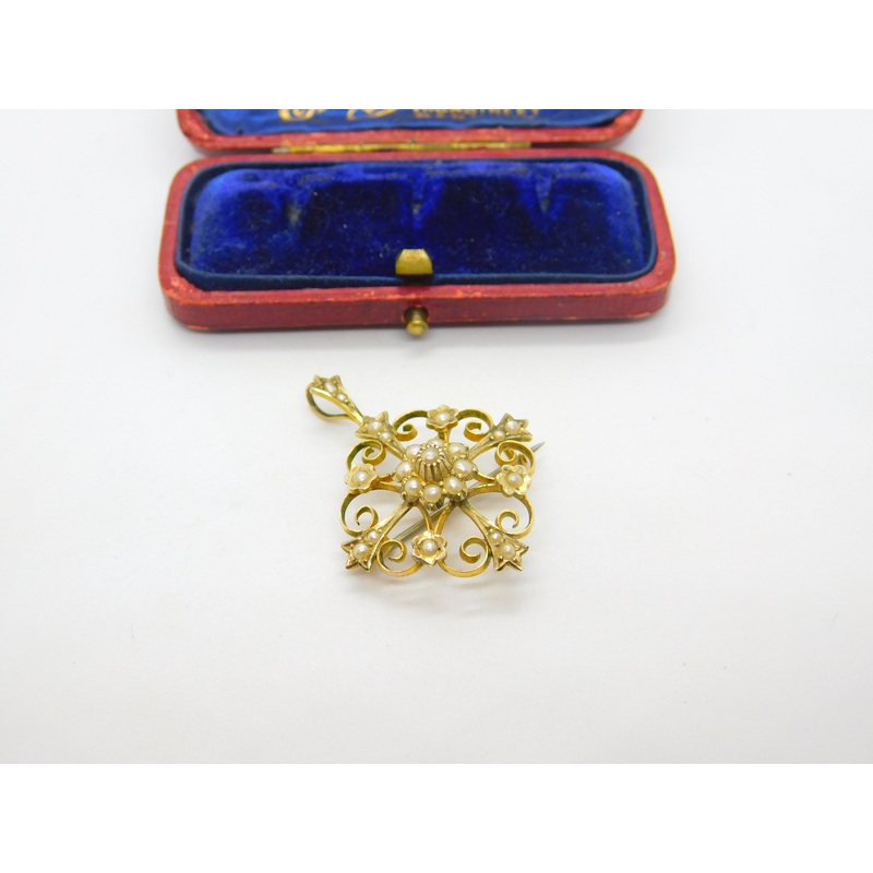 Edwardian 9ct Yellow Gold Seed Pearl Set Floral Drop Pendant c1910 Antique