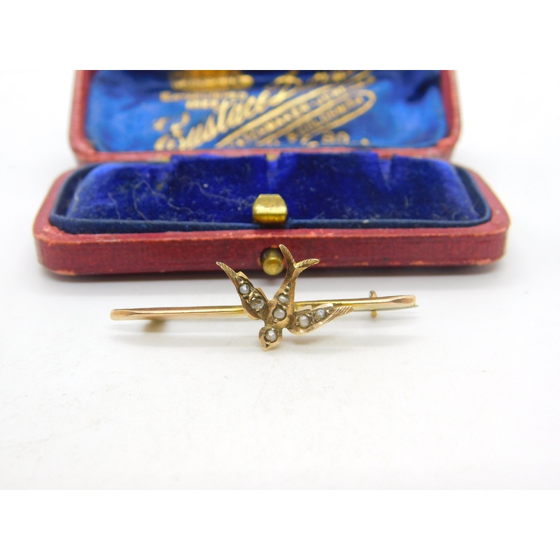 Edwardian 9ct Yellow Gold Seed Pearl Set Swallow Brooch 1909 Chester Antique