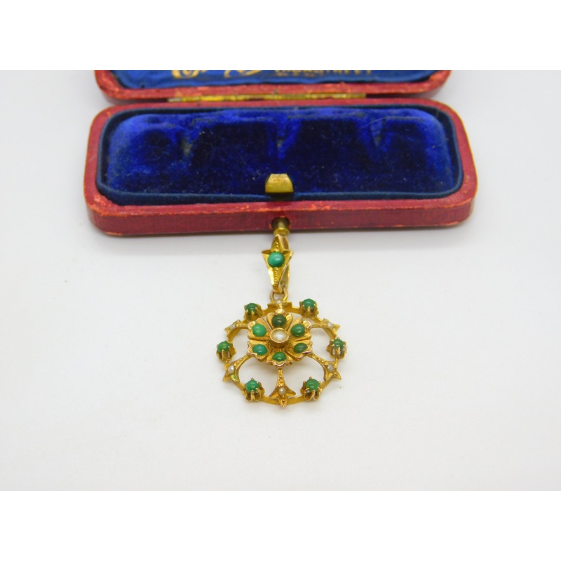 Edwardian 9ct Yellow Gold, Turquoise & Pearl Set Floral Drop Pendant c1910