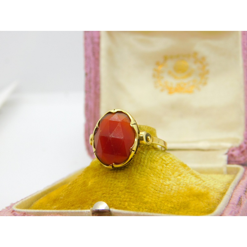 French 18ct Yellow Gold & Faceted Carnelian Signet Ring Antique c1900 Victorian