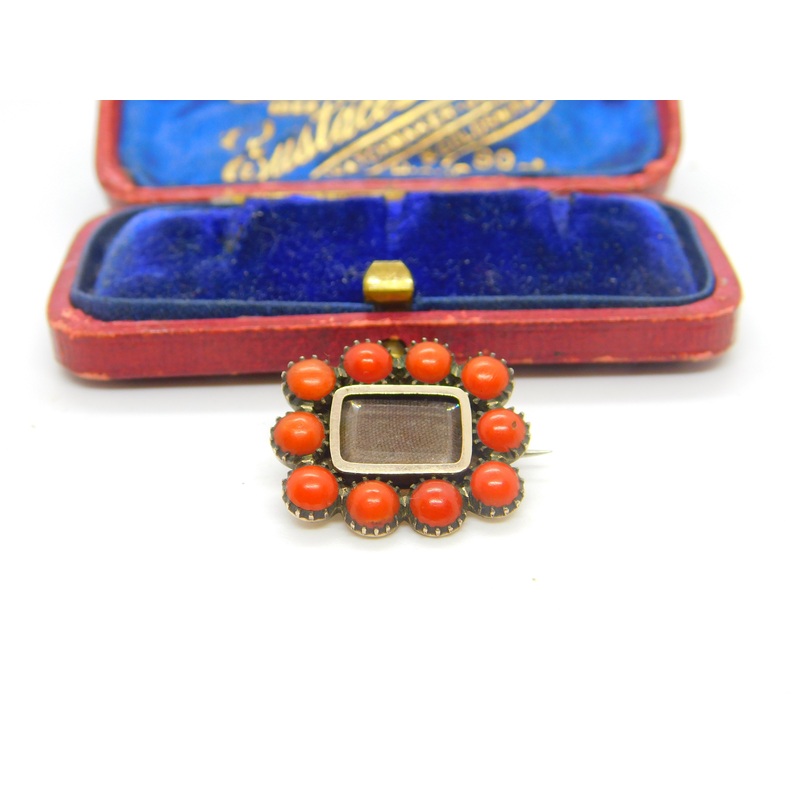 Georgian 9ct Rose Gold, Coral & Hair Set Locket Mourning Brooch c1820 Antique