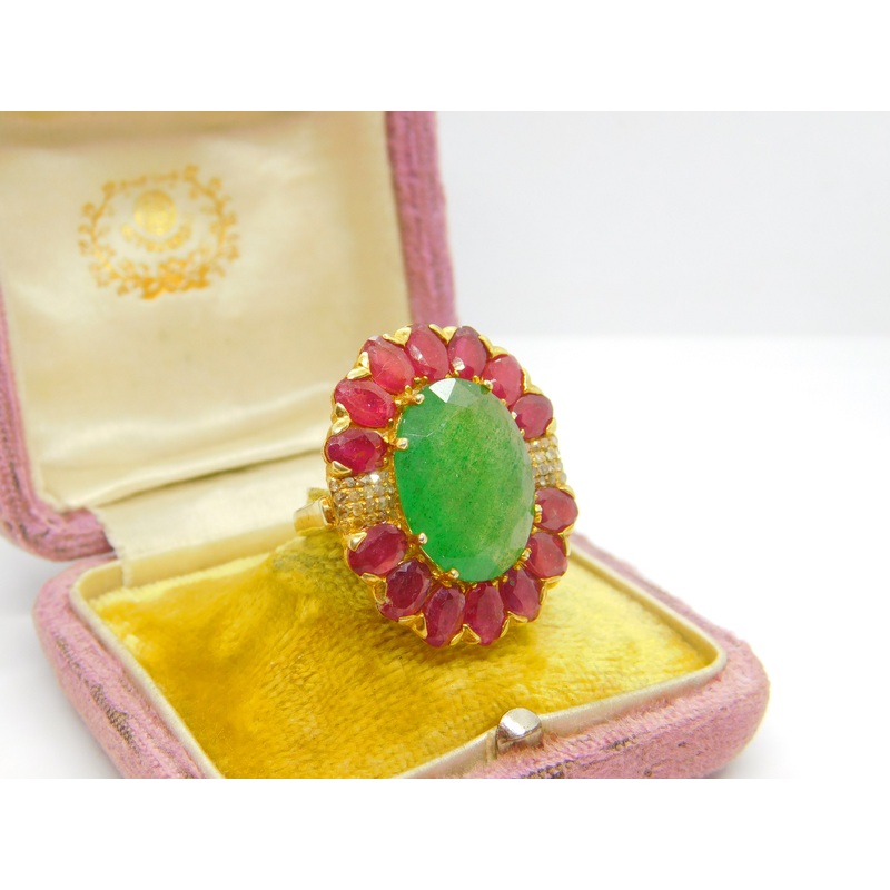 Large 9ct Gold, Jadeite, Ruby & Diamond Floral Statement Ring Vintage c1980