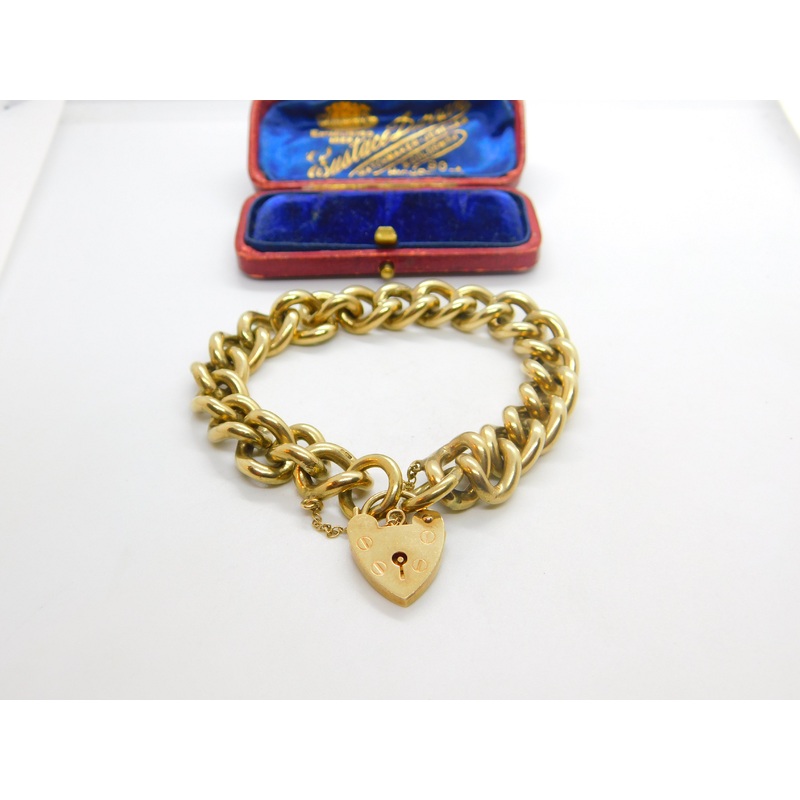 Large 9ct Yellow Gold Curb Link Charm Bracelet with Heart Lock Clasp 1978 London