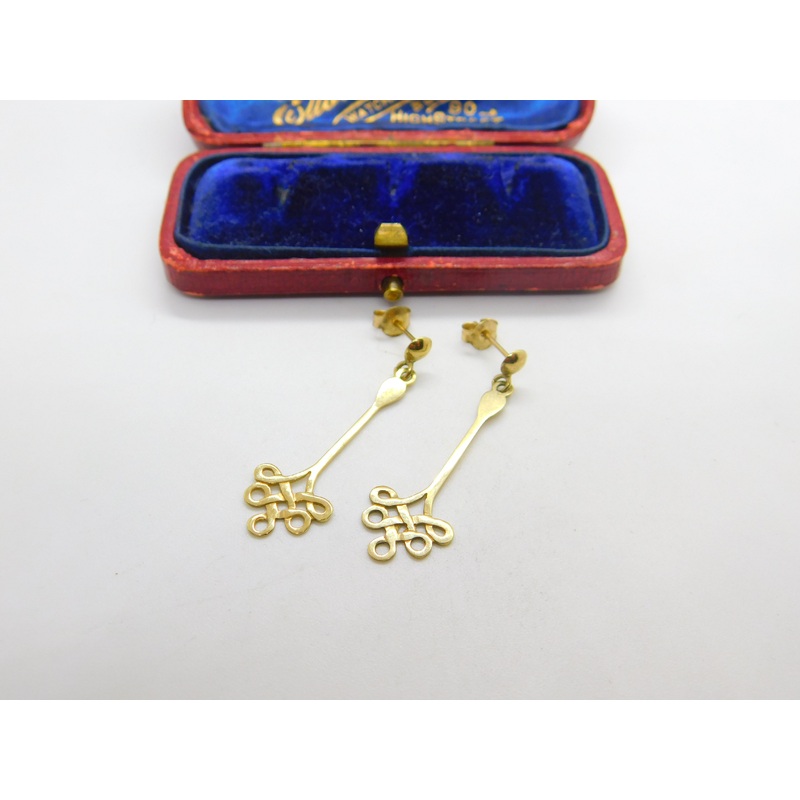 Pair of 9ct Yellow Gold Celtic Swirl Pattern Drop Stud Earrings Vintage c1970