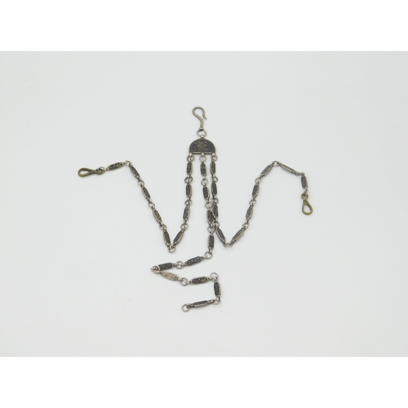 Russian White Metal & Niello Enamel Sewing Chatelaine with Clips Antique c1860
