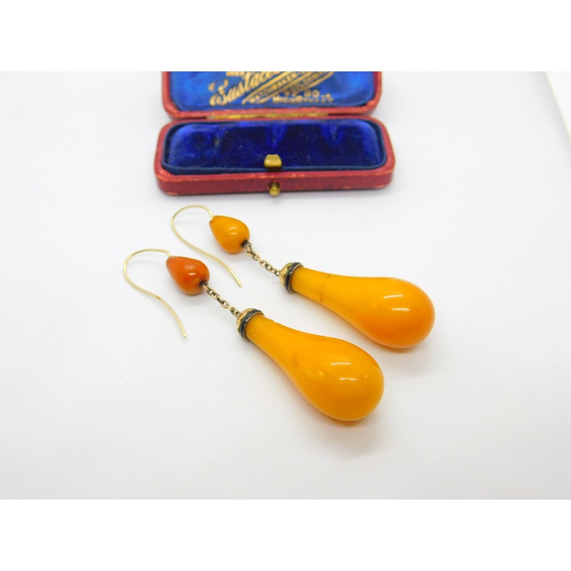 Victorian 14ct Gold, Black Enamel & Large Egg Yolk Amber Drop Earrings c1850