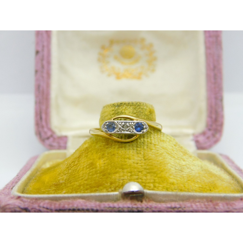 Victorian 18ct Yellow Gold, Diamond & Sapphire Crossover Ring Antique c1890