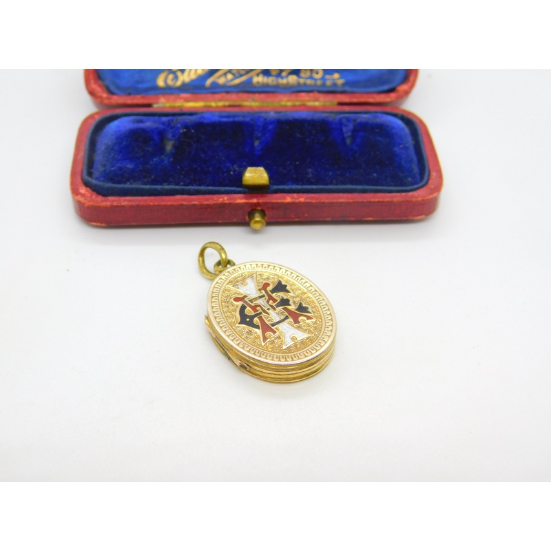 Victorian 9ct Gold Back & Front Colourful Enamel Monogram Locket c1890 Antique