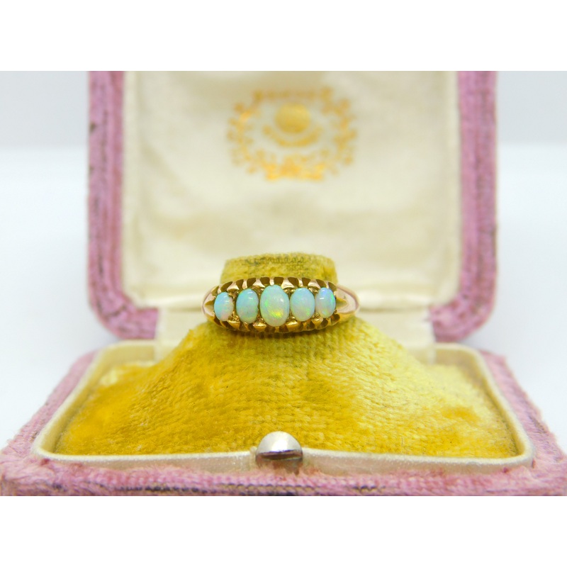 Victorian 9ct Gold & Cabochon Five-Stone Fire Opal Boat Ring c1890 Antique