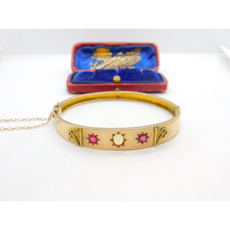 Victorian 9ct Rose Gold, Opal & Garnet Set Bangle Bracelet Antique c1880