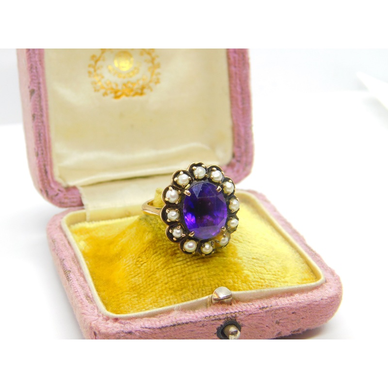 Victorian 9ct Yellow Gold, Amethyst & Pearl Set Floral Ring c1890 Antique