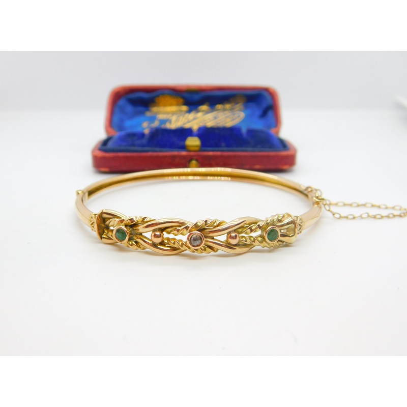 Victorian 9ct Yellow Gold, Emerald & Diamond Set Bangle Bracelet Antique c1880