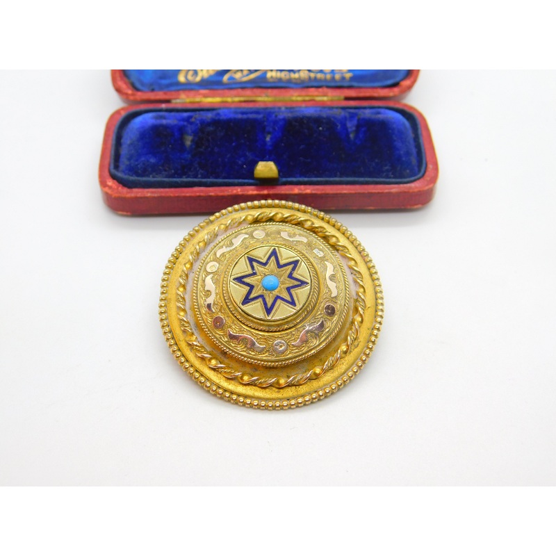 Victorian Pinchbeck Gold, Enamel & Turquoise Sweetheart Brooch c1860 Antique