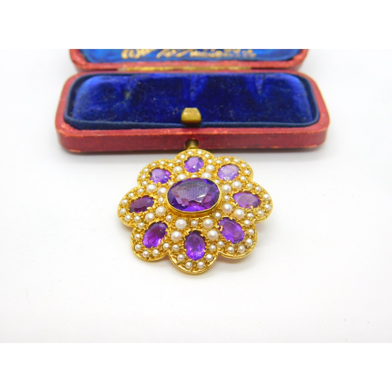 Victorian Revival 9ct Gold, Amethyst & Seed Pearl Floral Brooch 1972 London